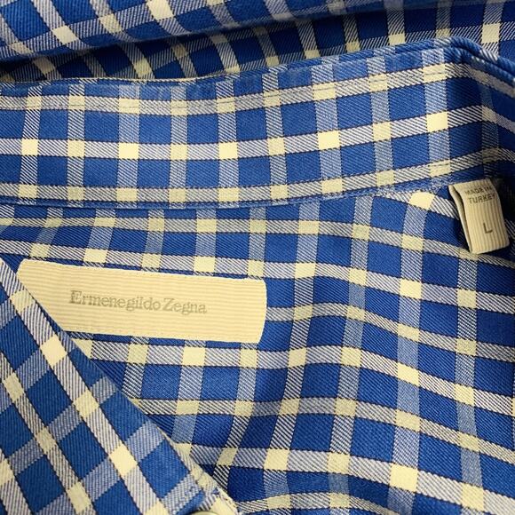 ERMENEGILDO ZEGNA Size L Blue White Checkered Cotton Long Sleeve Shirt - Picture 5 of 7